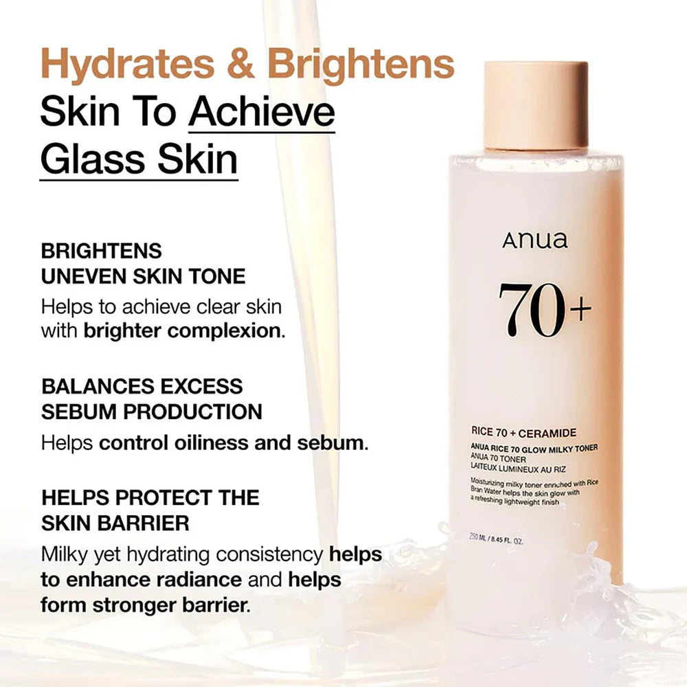 Anua Brightening & Glass Skin Trio - Rice Enzyme Cleanser, Milky Toner & Peach Serum