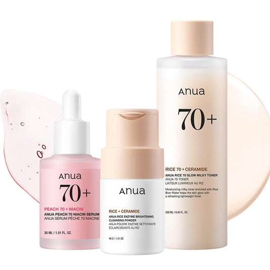 Anua Brightening & Glass Skin Trio - Rice Enzyme Cleanser, Milky Toner & Peach Serum