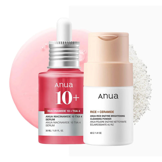 Anua Glass Skin Brightening Duo - Rice Enzyme Cleansing Powder & Niacinamide + TXA Dark Spot Serum
